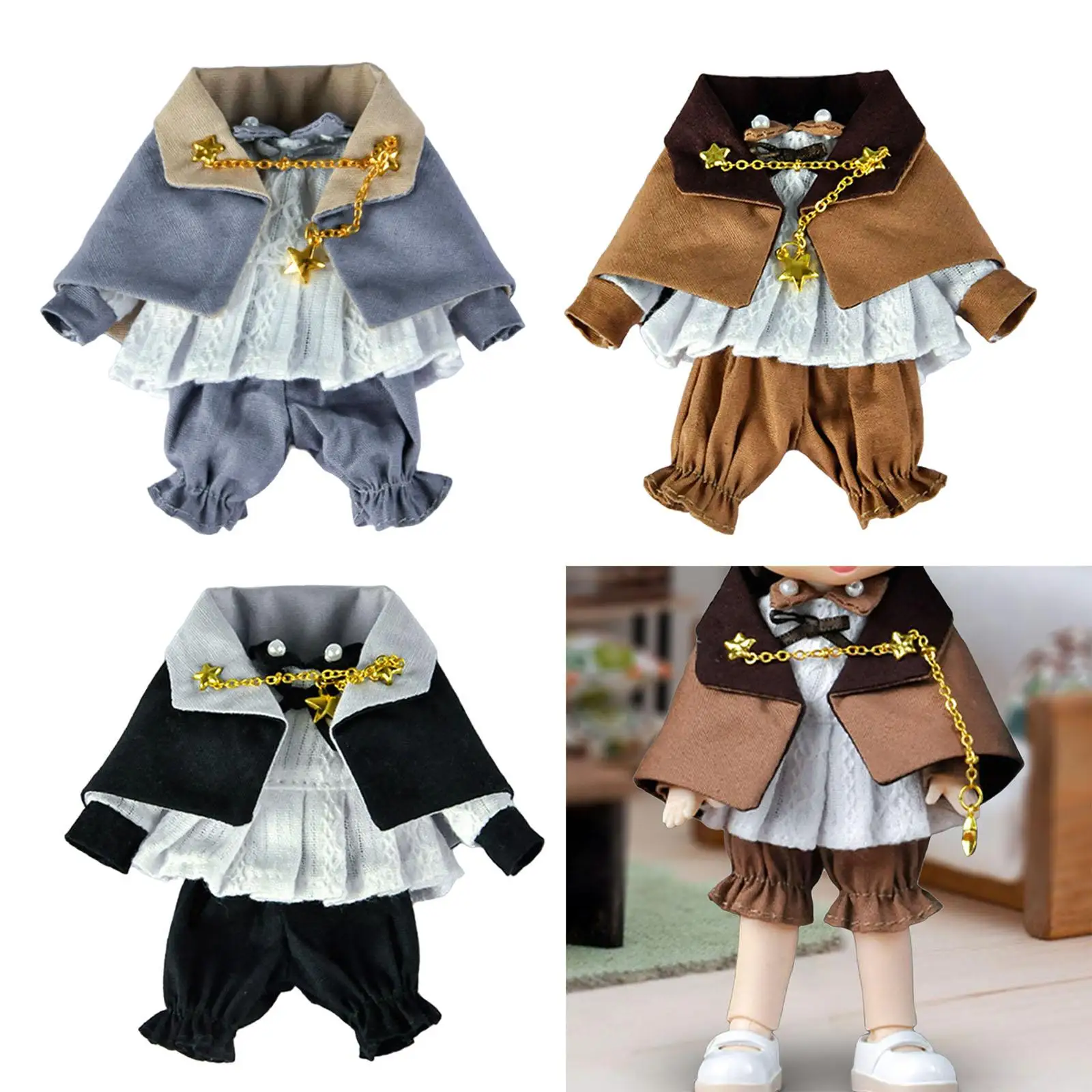 Doll Clothes Retro Doll Cape Top and Pants Set 1/12 Scale Baby Doll Dress up