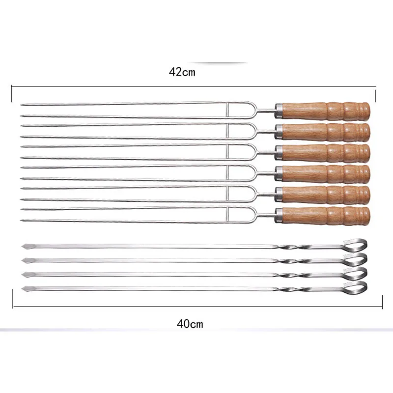 Barbecue Skewers 10 PCS/Set Stainless Steel Wire Wood Handle Grill Roasting Sticks Outdoor Camping BBQ Tools Storage Bag Kit