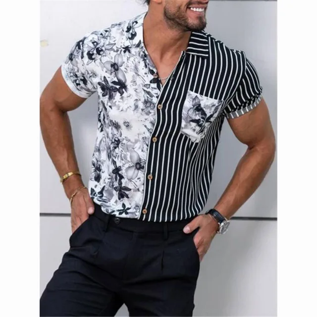Men's Shirts Summer Fashion Trend Striped Floral Contrast Splicing Printed Hawaiian Beach Holiday Casual Short Sleeve Shirts Photo Color