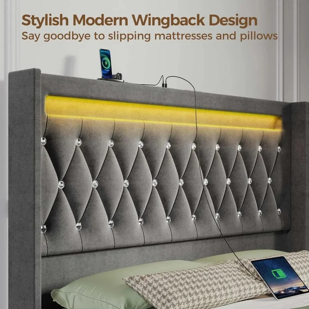 Twin Bed Frame with LED Light and Charging Station, Upholstered High Headboard and Footboard, Wood Slats, Noise Free 5