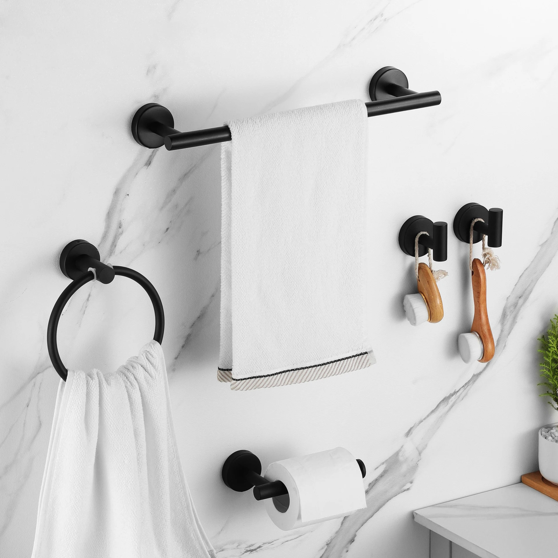 

Wall Mount Matte Black Bathroom Hardware Set Stainless Steel Towel Bar Towel Ring Paper Holder Hook Modern Bath Accessories Set
