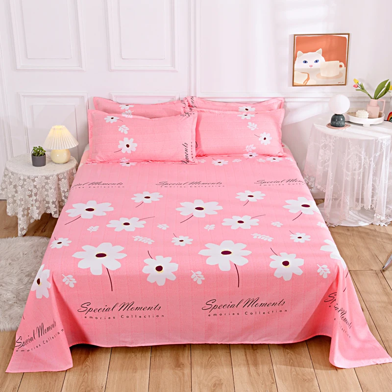 White Leaves Floral Flat Sheet Set Twin/Queen Chic Botanical Blossom Flower Pink Bed Sheet with 2 Pillowcase (No Fitted Sheet)