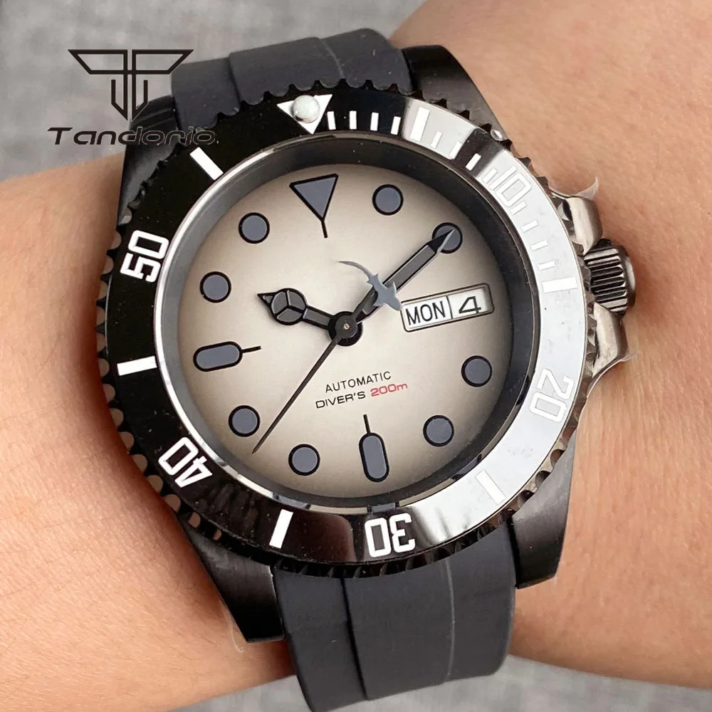 Tandorio Double Date NH36 40mm Black PVD Mechanical Automatic Watch for Men Sapphire Crystal Ceramic Rotating Bezel 20BAR