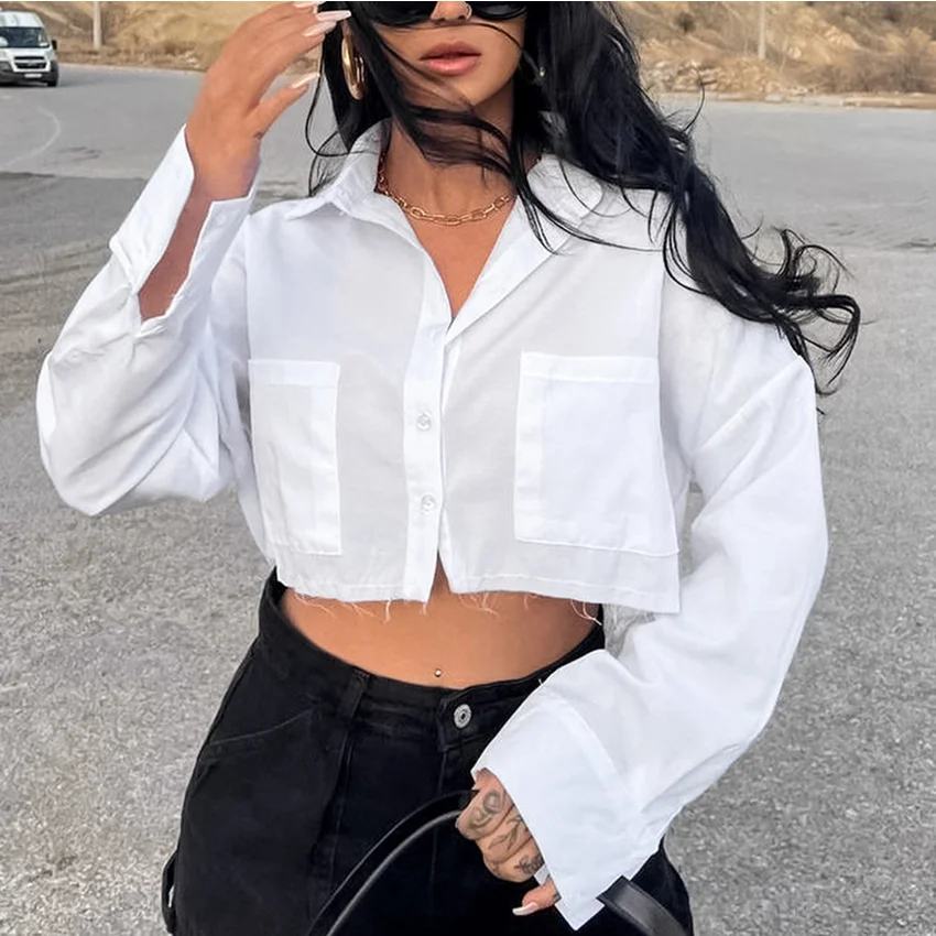 

White Button Up Cropped Cardigan Shirt Women 2023 Spring Summer Casual Lapel Long Sleeve Loose Blouse Y2K Fashion Sexy Short Top