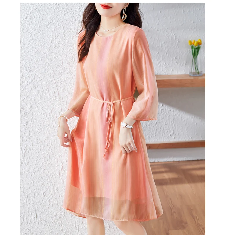 

Summer New Round Neck Fashion Three Quarter Midi Dress Women High Street Casual Loose Gradient Elegant Dress Lacing Vestidos