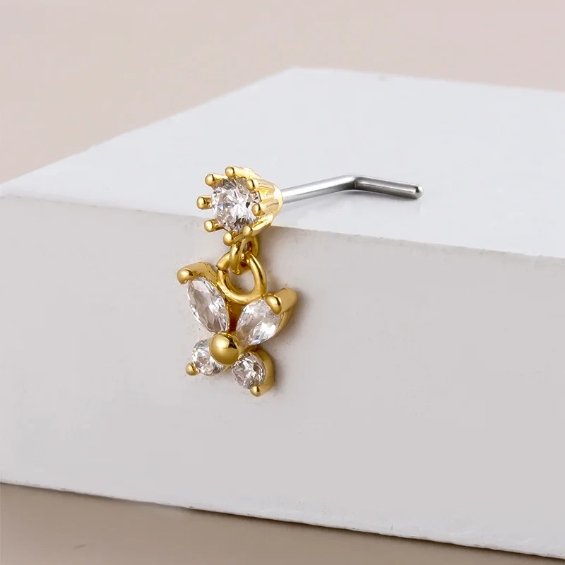 Stainless Steel Piercing Nose Studs Crystal Zircon Butterfly Pendant Nose Ring Nail Goth PIERC Body Jewelry For Women 20G nose rings piercing jewelry nose studs body piercing jewelry body jewelry