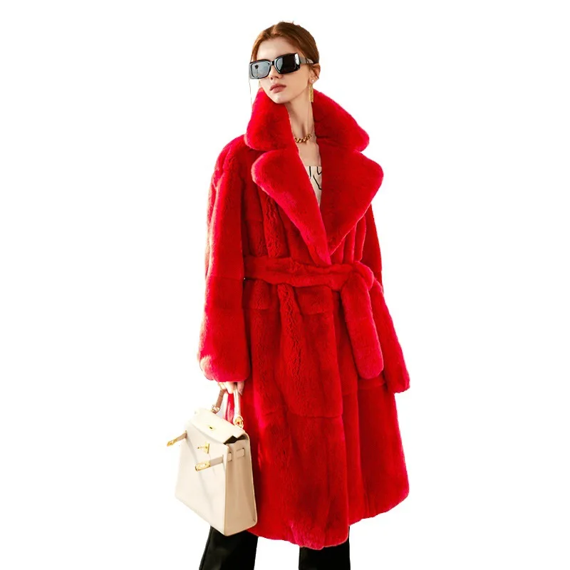 Winter New Faux Fur Coat Women Warm Long Fur Coats Fluffy Suit Collar Lace-up Chic Robe Solid Cardigan Jackets Long Sleeve