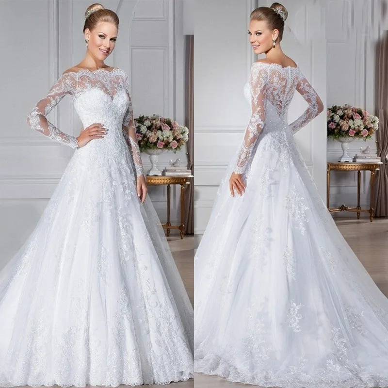 

Vestido De Noiva Beaded Appliqued Long Sleeve Lace Wedding Dress Boat Neck A-Line Wedding Dress Vestidos De Noiva