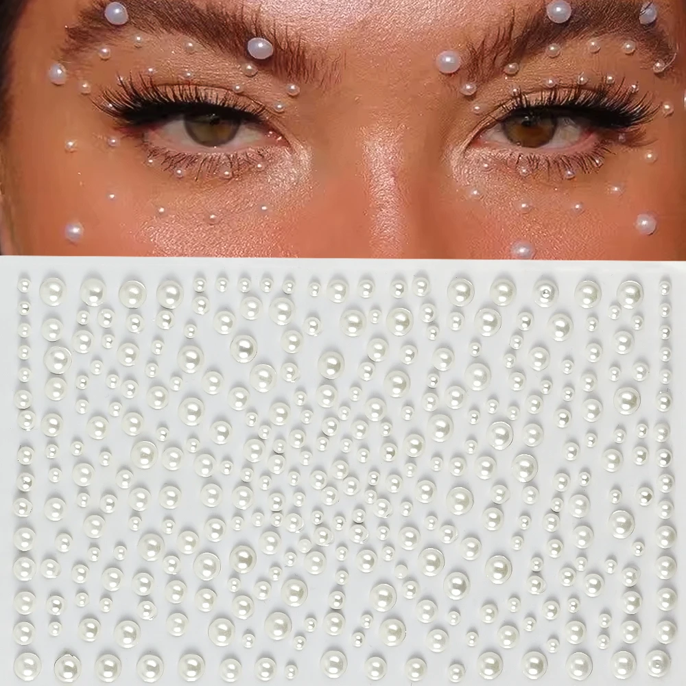 3D Round White Pearl Rhinestones Face Gem Stickers 3/4/5mm mixed Self-adhesive Pearl Beads Jewel Face,Body,Nail,Hair Decoration