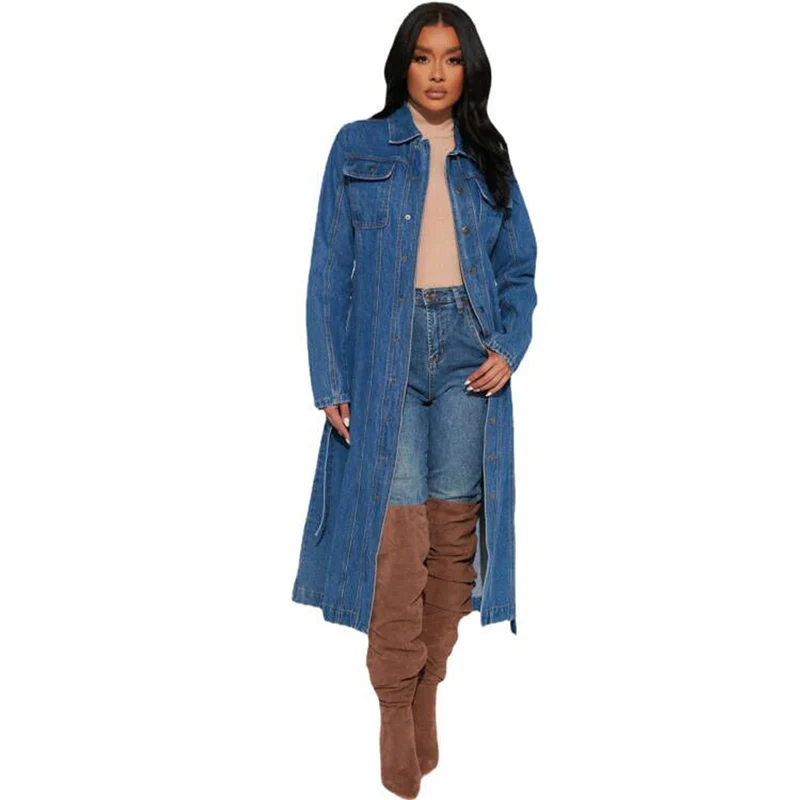 Autumn Winter Single-breasted Cardigan Denim Long Jacket Women Casual Loose Cloak With Belt Coat Female Double Pockets Outerwear