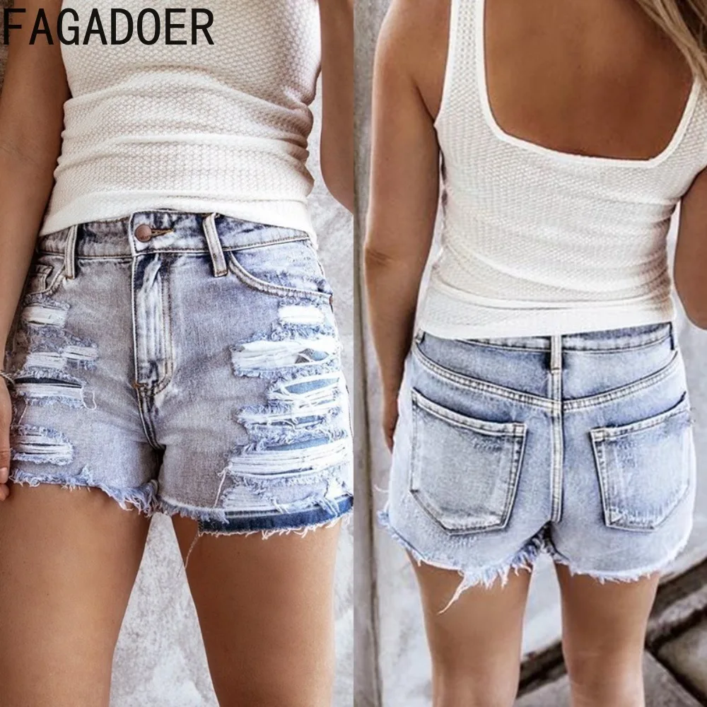 FAGADOER Fashion Hole Tassels Slim Denim Shorts Women High Waisted Button Pocket Straight Jean Female Irregular Cowboy Bottoms