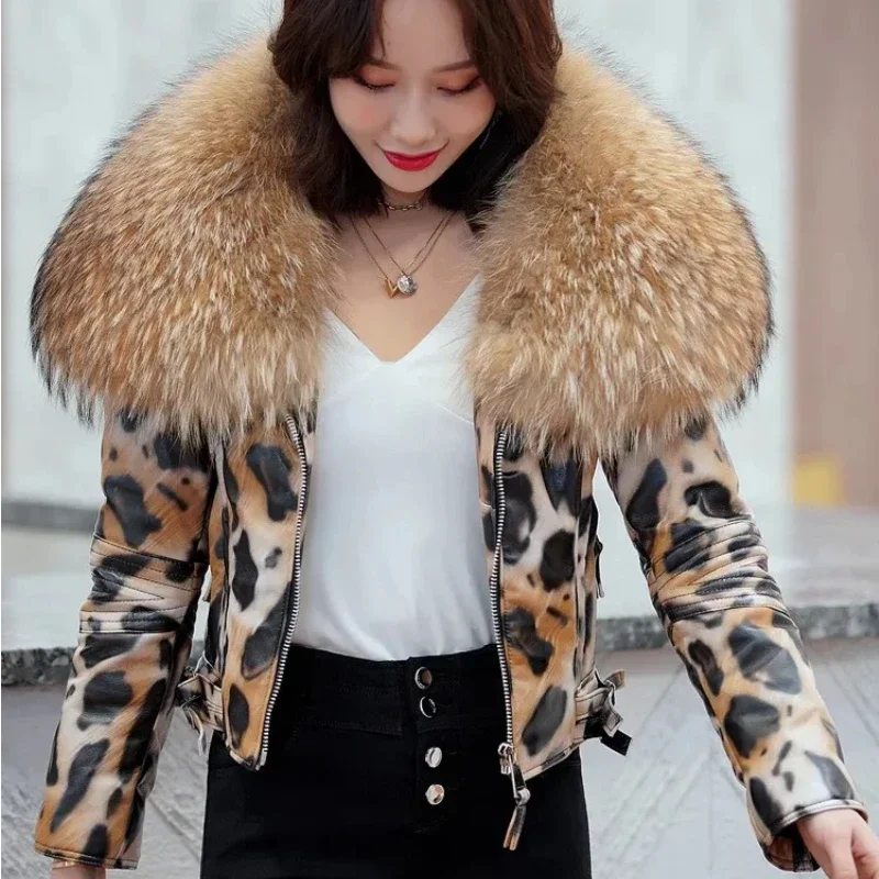 

MENINA BONITA 2023 Winter Women Genuine Leather Short Brand Women Sheepskin Leopard Print Motorcycle Jacket Big Fur Collar Slim