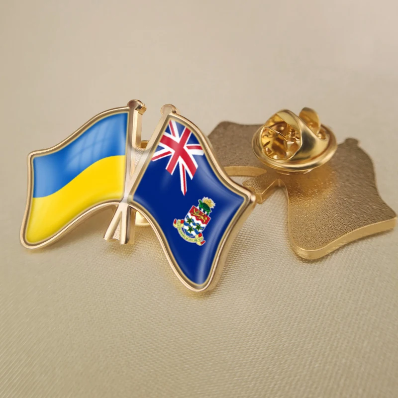 

Ukraine and Cayman Islands Crossed Double Friendship Flags Lapel Pins Brooch Badges