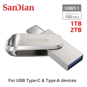 SanDian PC 스마트폰용 USB 플래시 드라이브, USB 3.1 메모리 스틱, 금속 U 디스크, 128GB SDDDC4 펜드라이브, 1TB, 2TB, C타입 OTG