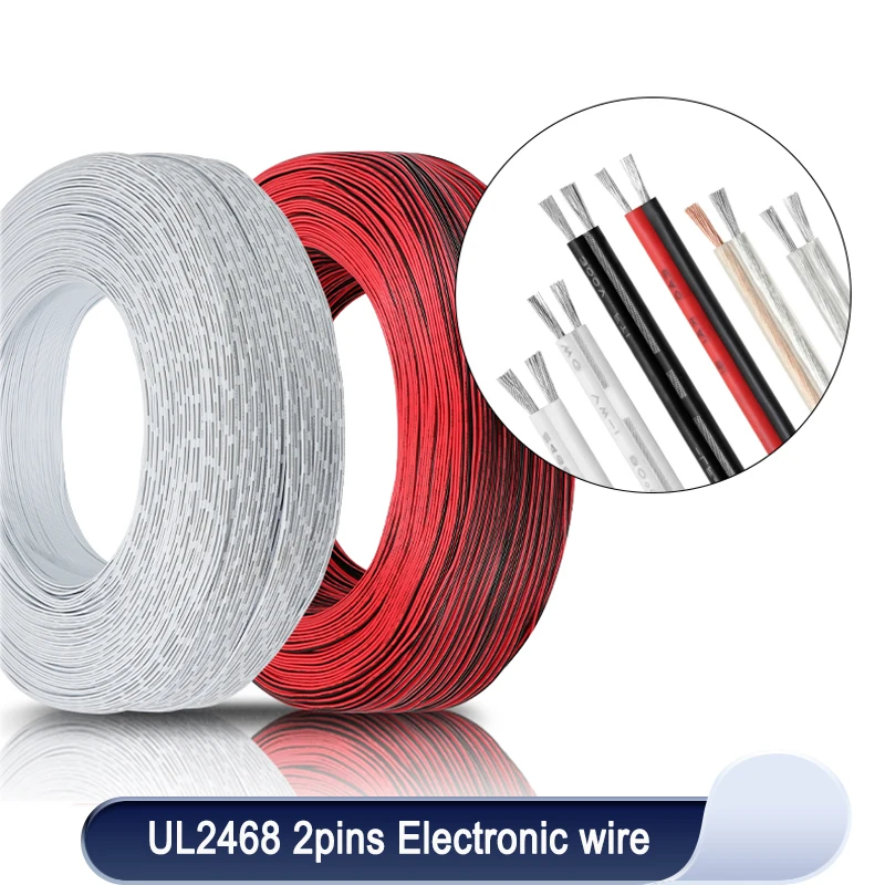 5m/10m/20m UL2468 2 Pins Electrical Wire 30 28 26 24 22 20 18 16AWG Tinned Copper Insulated PVC Extension LED Strip Cable