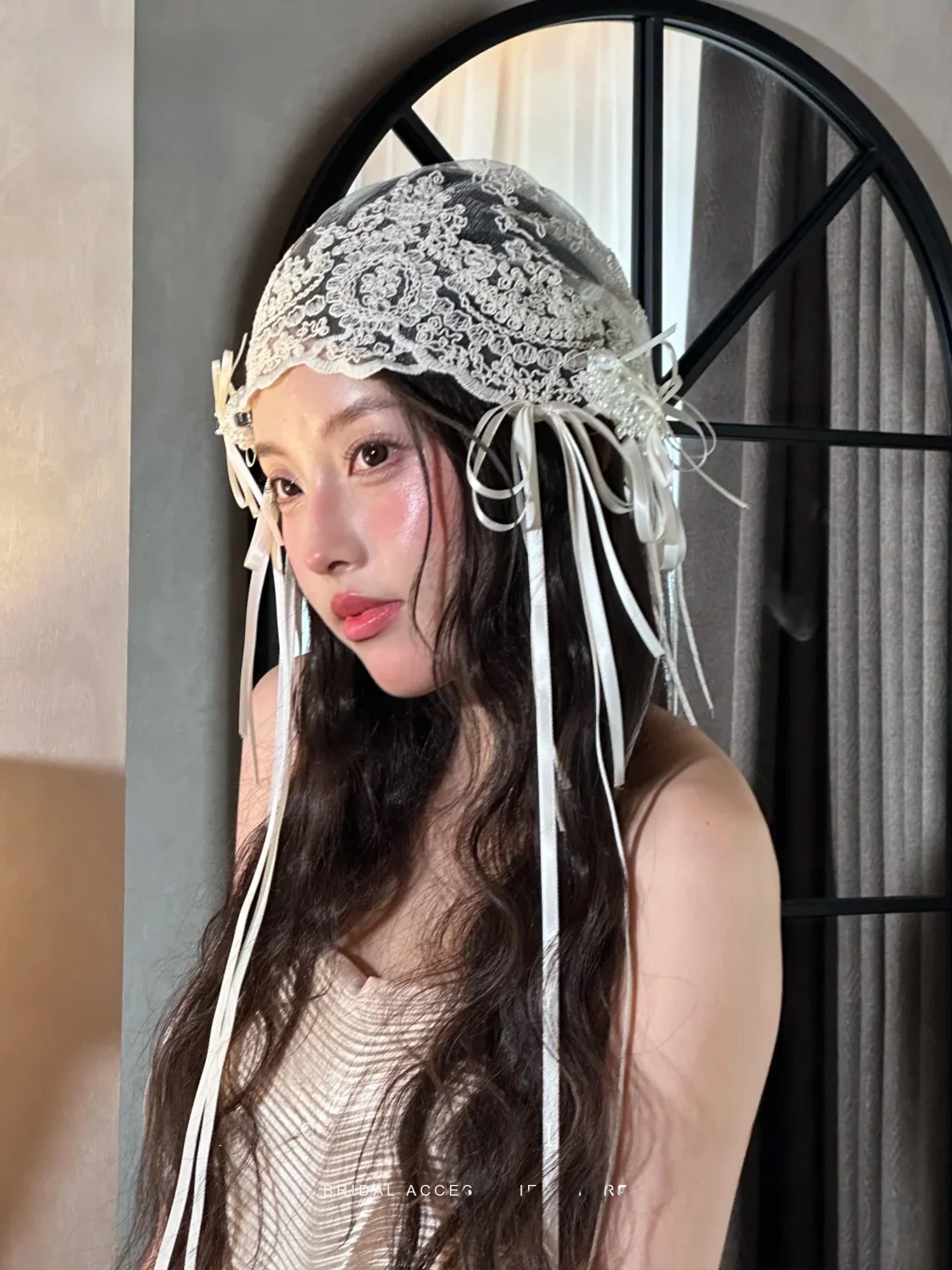 Bridal Vintage Lace Headpiece Veil Headscarf  Knot Hair Accessory Morning Robe Wedding Dress Accompanying Accessories - 5