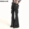 REDDACHiC Dual-Button Low Rise Women Cargo Pants Grunge Zipper Decor Pockets Do Old Whiskers Flare Jeans Grayu Y2k Streetwear 1