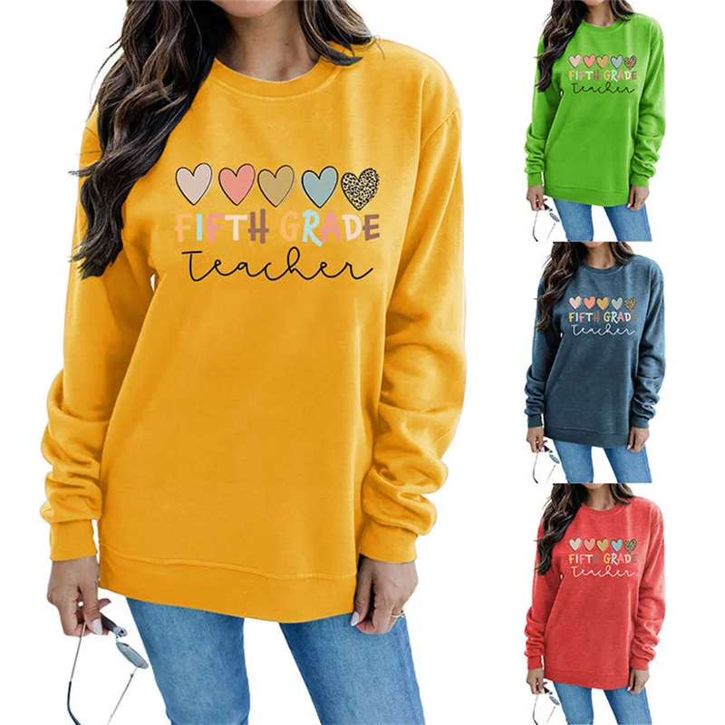 

New autumn and winter cotton women's fifth grade teacher print casual vintage round neck long sleeve hoodie