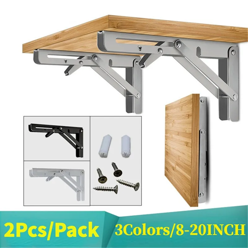 2pcs Heavy Duty Stainless Steel Folding Shelf Brackets Collapsible Wall Mounted L-Table Hinges for Bench & Table with Screws