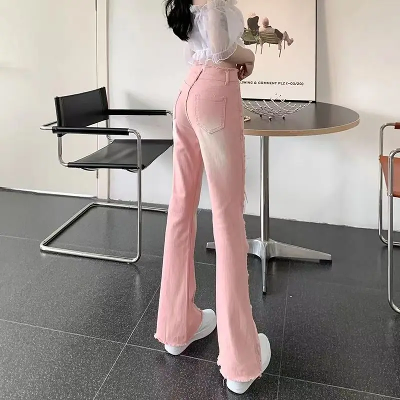 Pink Raw Edge Patchwork Korean Fashion Jeans Women\'s High Waisted Slim Flared Denim Pants
