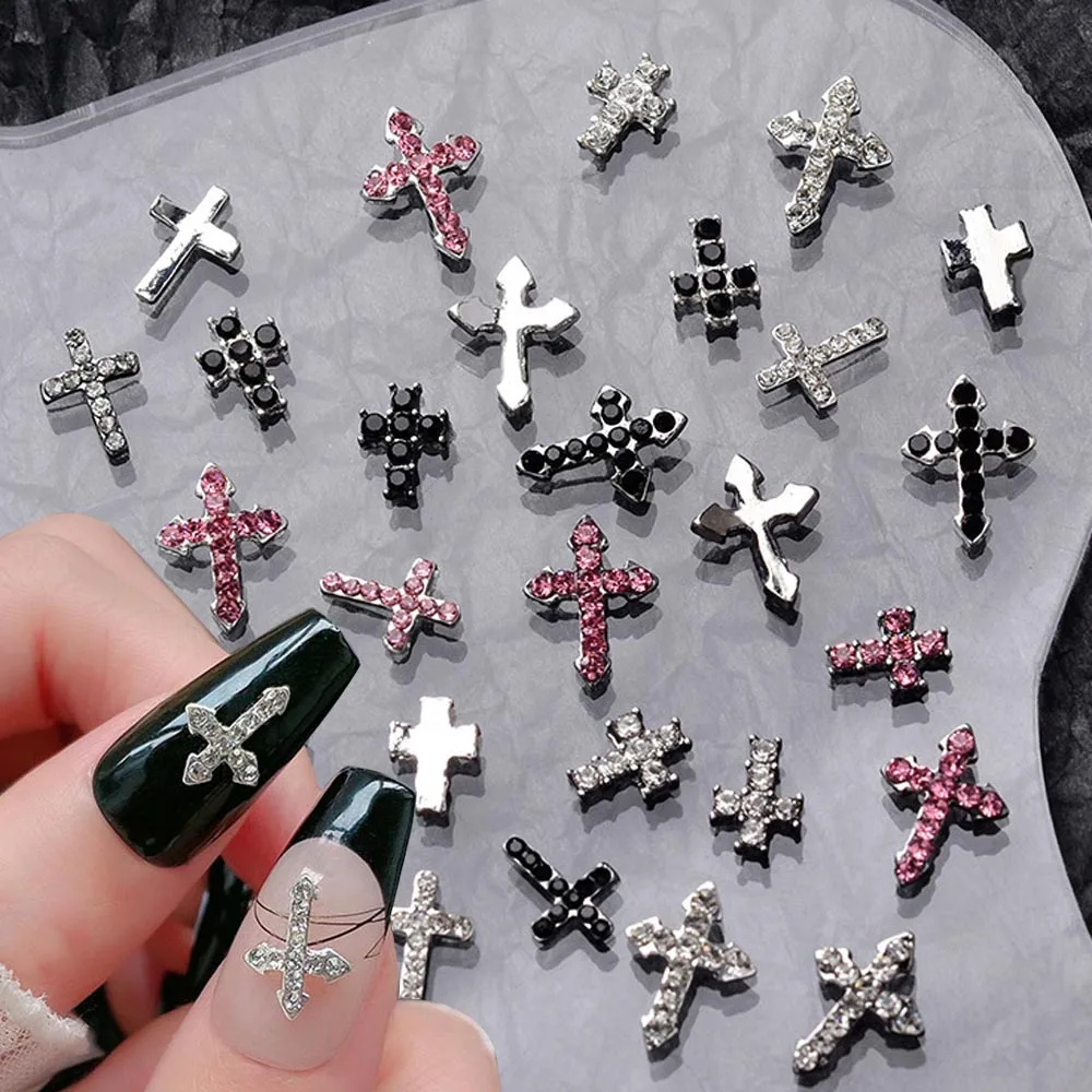 Dijes de aleación de Cruz 3D para decoración de uñas, diamantes de imitación plateados, negros y rosas, Joyería de diamantes de Navidad y Halloween, piezas de uñas Punk Retro, 10 piezas por lote