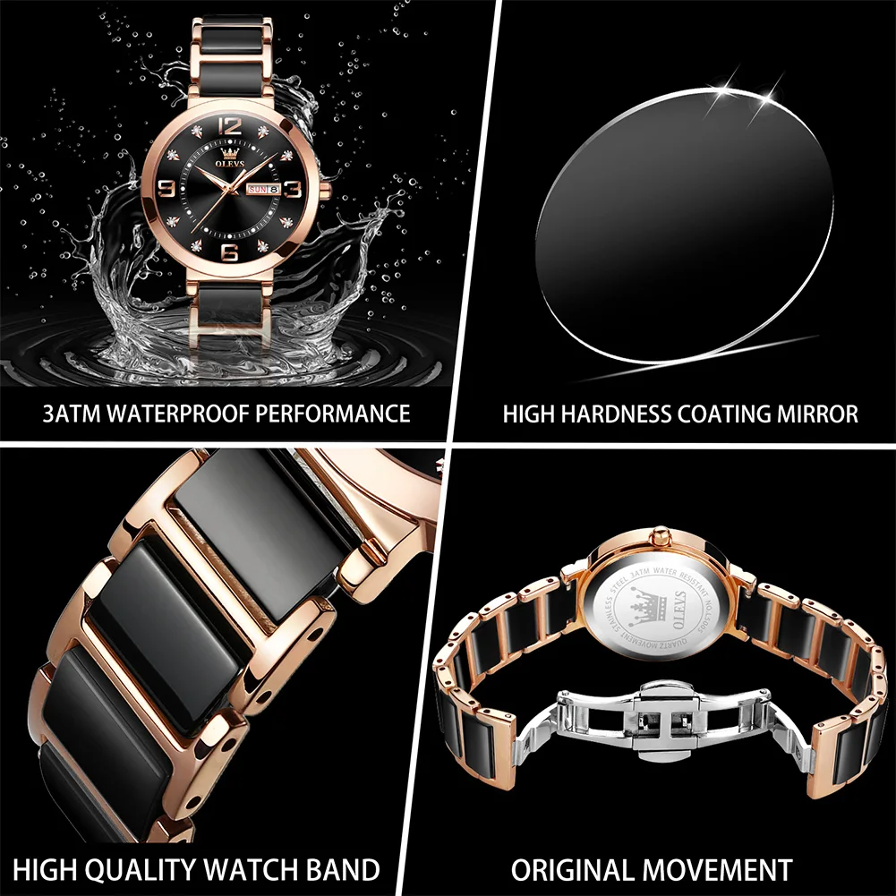 OLEVS New Ceramics Watchstrap Watch For Women Luxury Business Diamonds Wristwatch Fashion Waterproof Dual Calendar Woman Watches 5