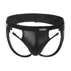 Men's Sexy Faux Leather Jock Strap with Metal Ring Detail - Black Backless Underwear - One Size (Black)