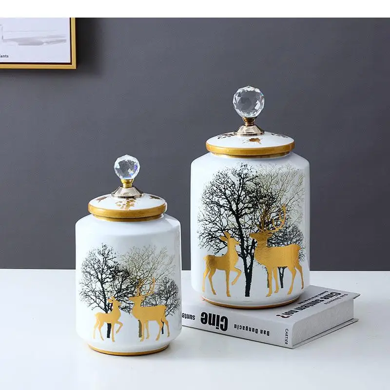 

Forest Deer Painted Storage Jar Ceramic Vases Porcelain Candy Jars with Lid Dressing Table Cosmetic Containers Nordic Home Decor