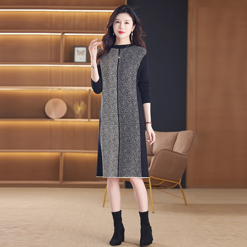 

2023 New Fashion Knitted Sweater Dress Women's Autumn/Winter Vintage Round Neck Loose Fit Holiday Casual Dress Vestidos