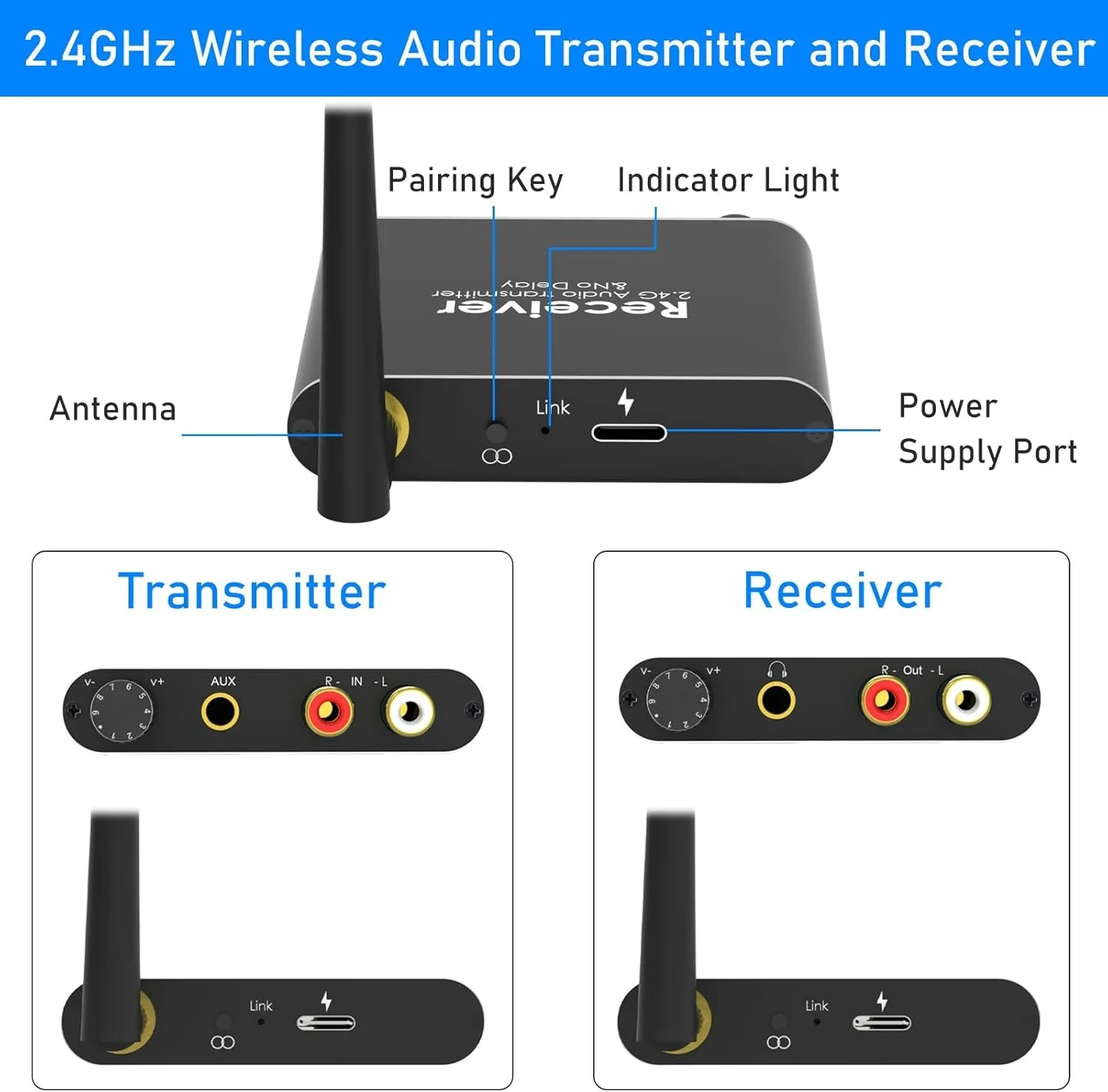 50m Long Range 2.4GHz Transmitter Receiver Wireless Audio Adapter with Volume Control for Subwoofer Speaker R/L or 3.5mm Jack,audio adapter