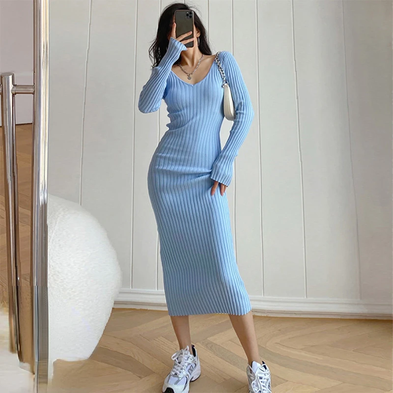 

Korean Elegant Sweater Dresses for Women 2023 Sexy V Neck Long Sleeve Elastic Bodycon Knitted Dress Autumn Winter Clothes