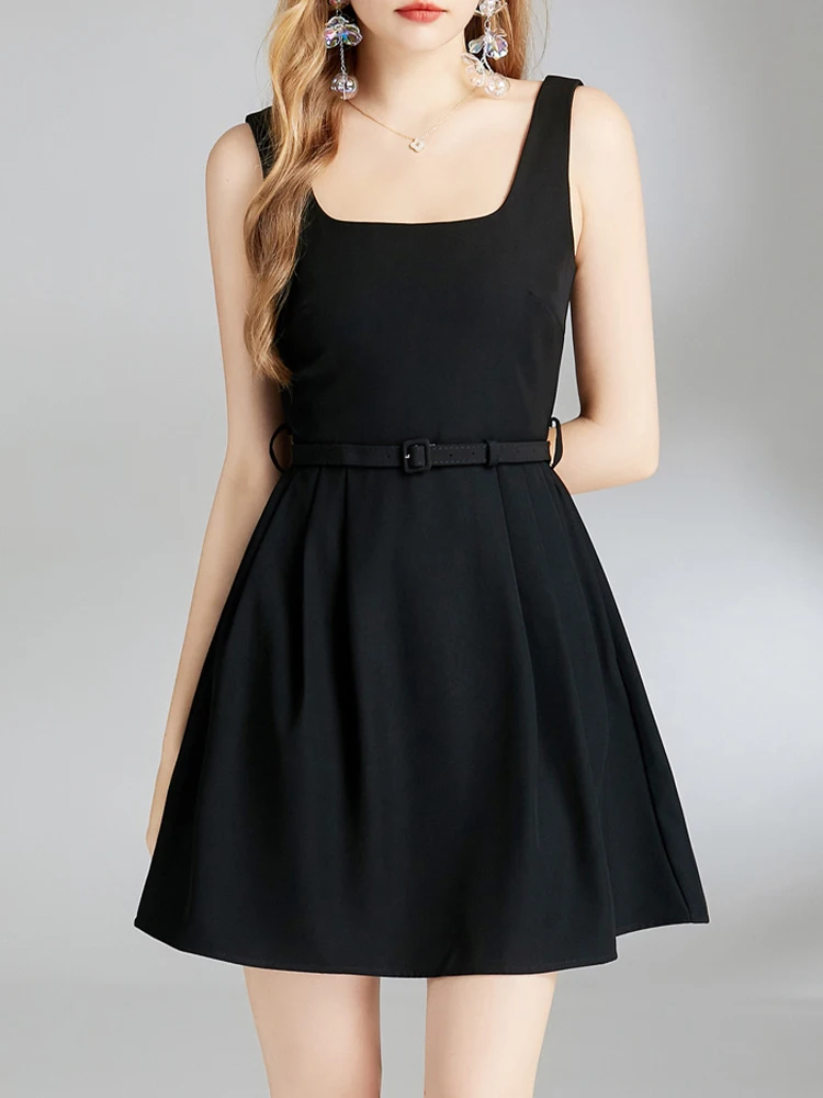 

Elegant Square Neckline Waistband A-Line Suspender Dress 2024 Summer New Korean Fashion Women'S Clothing