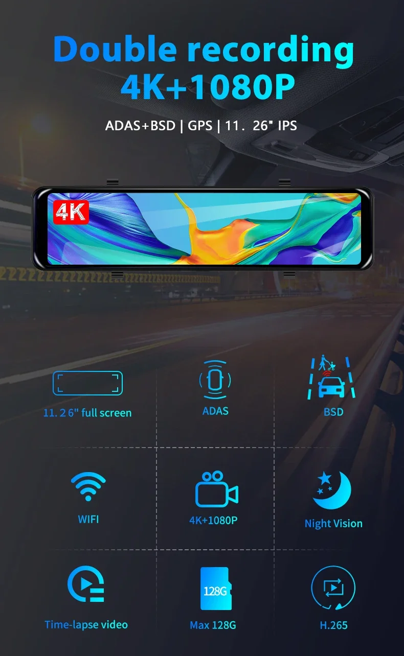 Effort&BJ 12" 4K +1080P Mirror Car DVR ADAS Dash Cam WIFI Auto GPS Registrar Video Recorder Dual Camera Super Night
