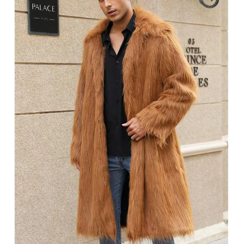 Autumn Winter New Overcoat Imitation Fur Men's Long Coat Long-sleeve Turm-down Collar Warm Cardigan Loose Windbreak