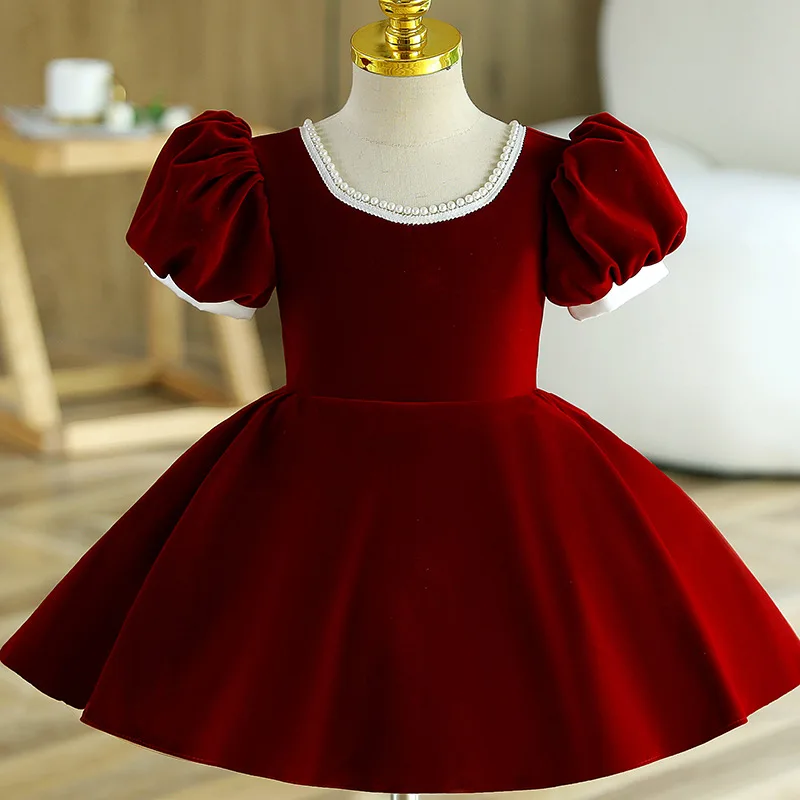 

2024 Elegant Dress for Girls Kids Vintage Wine Red Ball Gown for Weddings Children Princess Evening Dresses Teenagers Vestidos