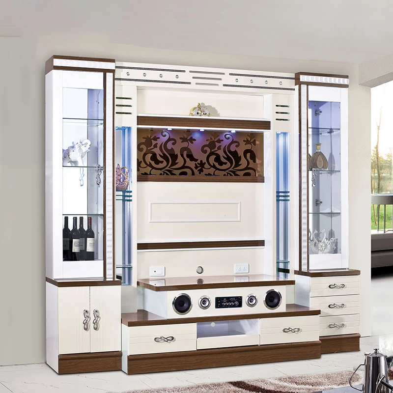 Modern Luxury Living Room Led Wall Unit Tv Cabinet Home Furniture New Design White Solid Wood Storage Display Rack Tv Stand