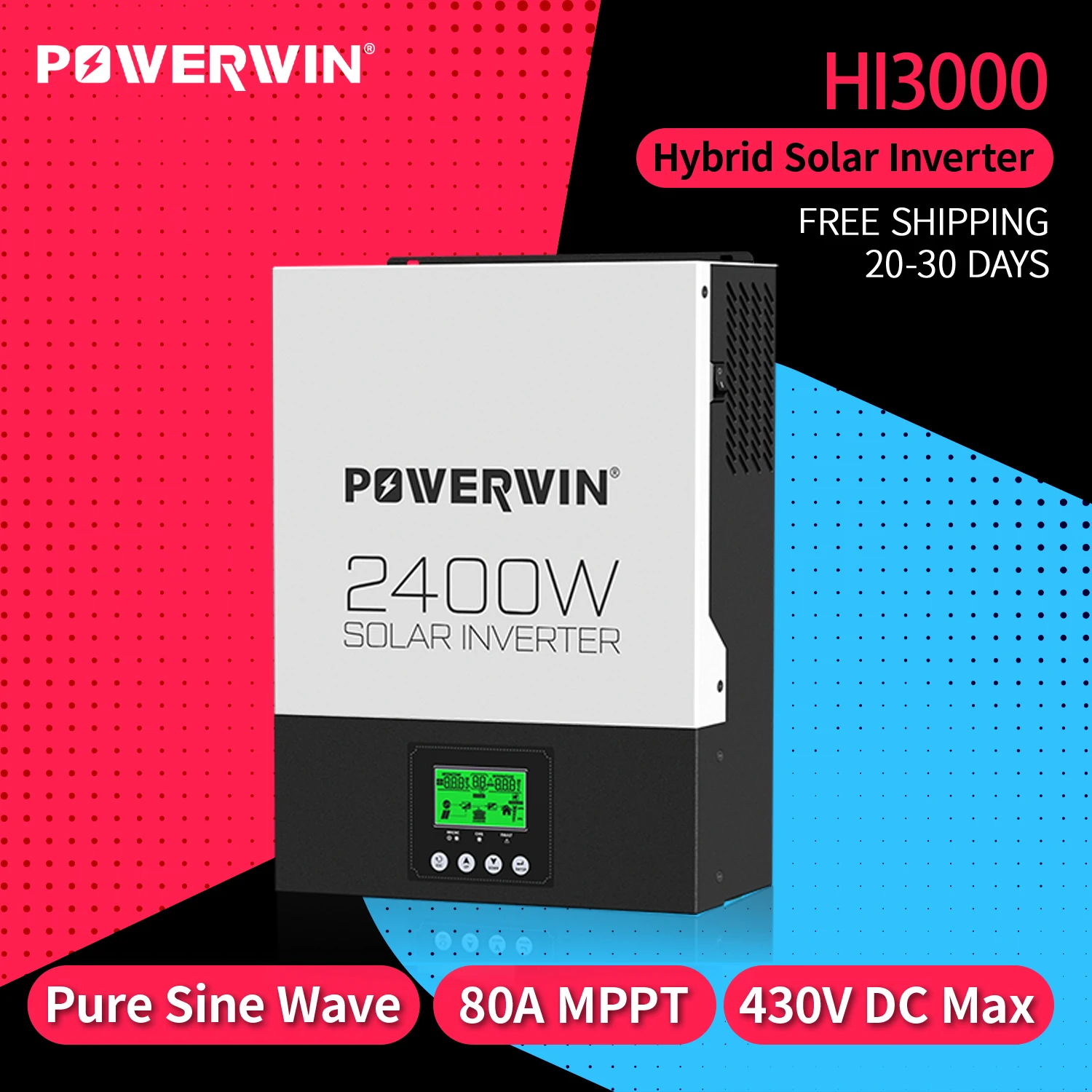

POWERWIN HI3000 2400W 24V Pure Sine Wave Off Grid 3000W 80A Hybrid Solar Inverter MPPT LCD 12V Bidirectional Charge Controller
