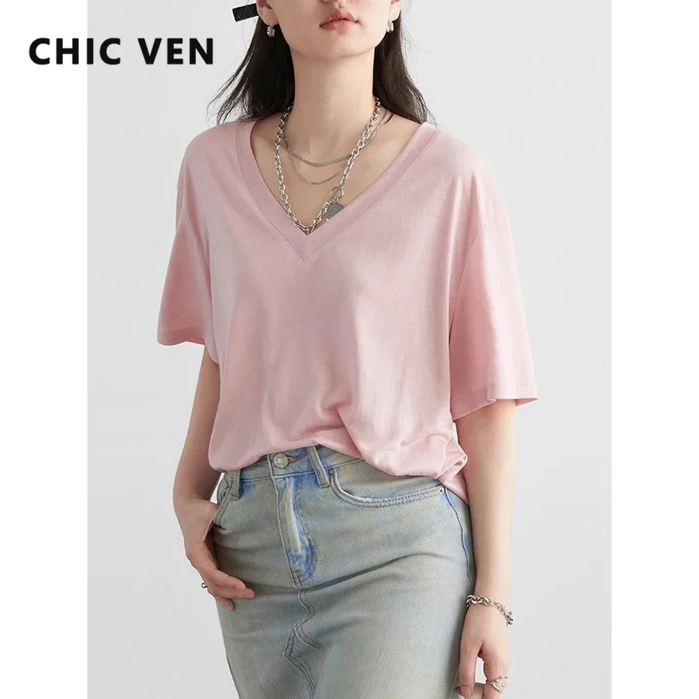 CHIC VEN Women T-Shirts Loose Casual Solid New Basic Simple Female Tees Short Sleeved Top for Girl Women's Clothing Summer 2026 2