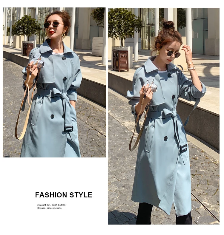 2021 Women Trench Coat Turn Down Collar Blue Long Trench Femme Women Autumn Long Coat With Belt Streetwear down parka