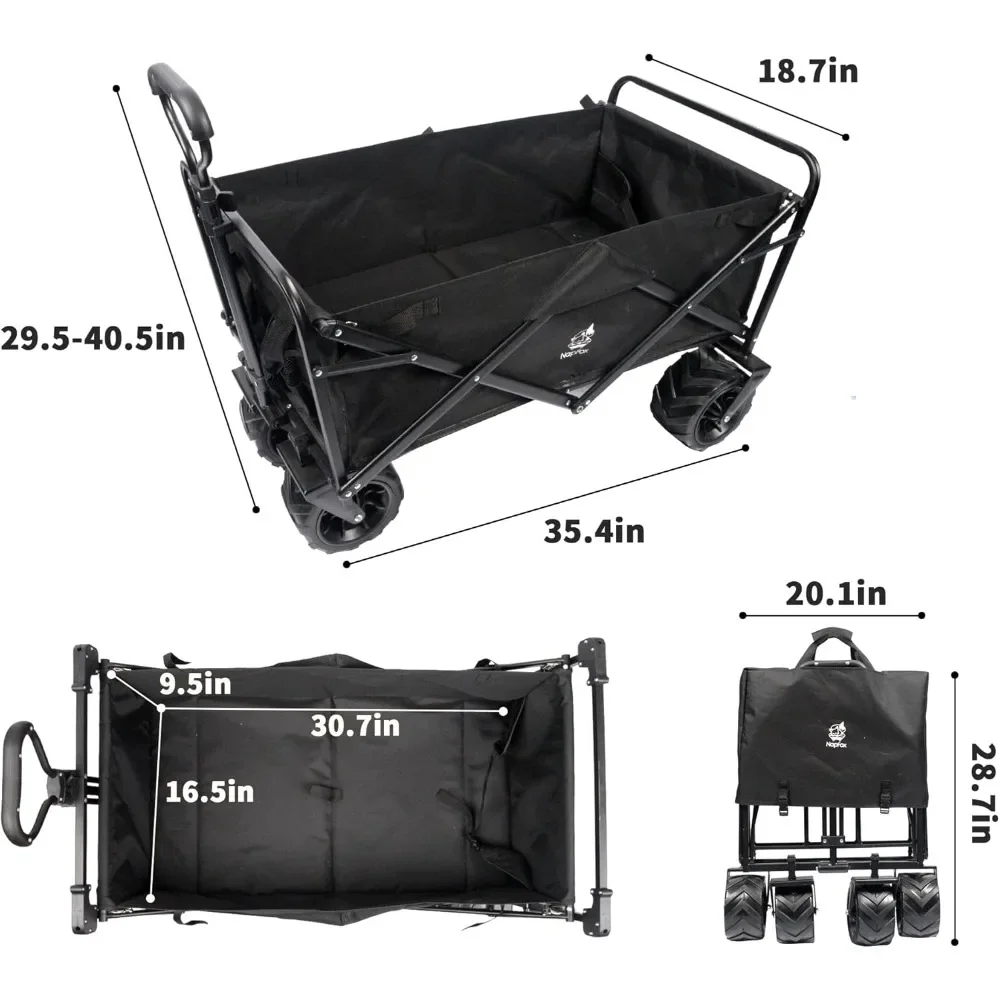 Collapsible Wagon Cart Heavy Duty Foldable Beach Cart W All-Terrain Wheels for Sand with Cargo Net, Straps, Utility Beach Wagon