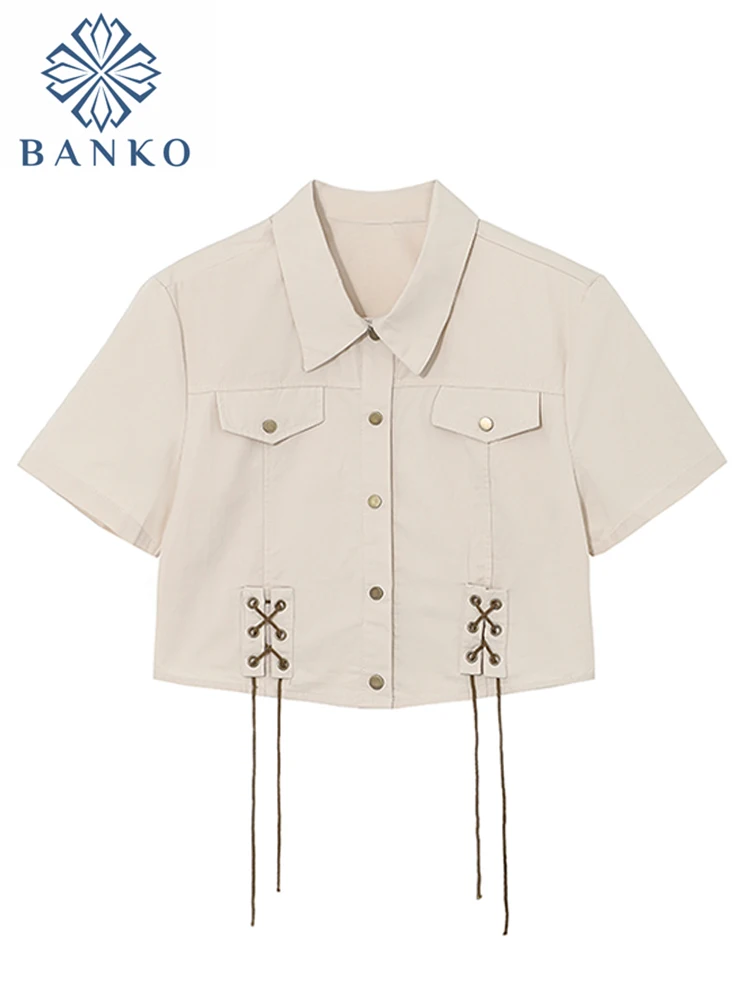 

2023 Women's Summer Vintage Design Polo Lace Up Collar Short Sleeve Non Strech Casual Shirts Y2k Tops Casual Fitting T-shirt