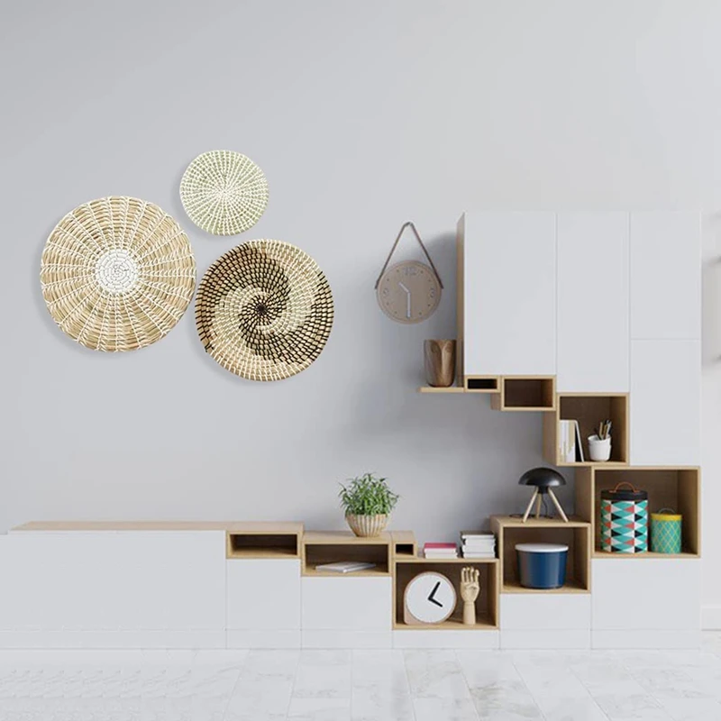 

Hot Set Of 3 Wall Decor Wicker Baskets Natural Woven Seagrass Hanging Flat Baskets Ornament Boho Round Basket For Wall Decor