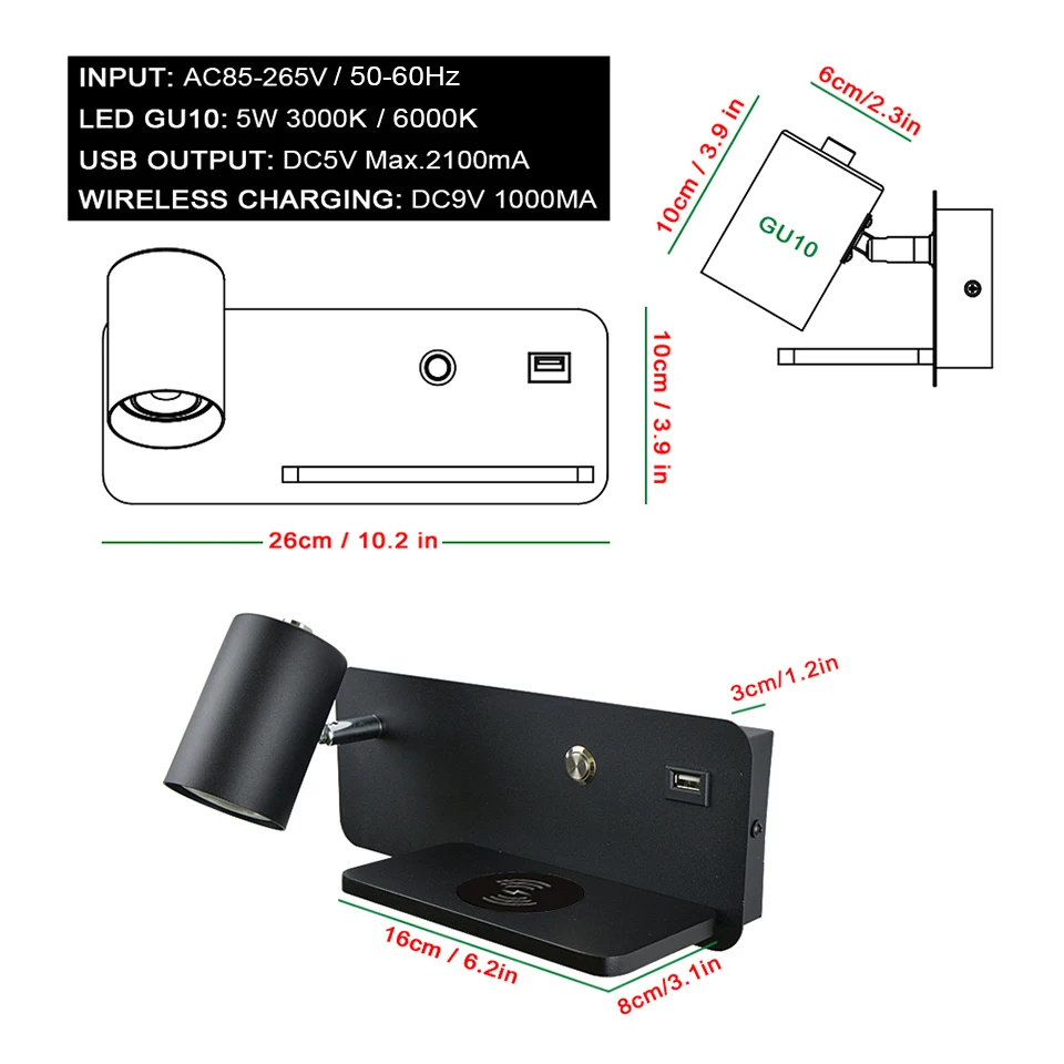 LED Wall Light Wireless Charging USB Charging