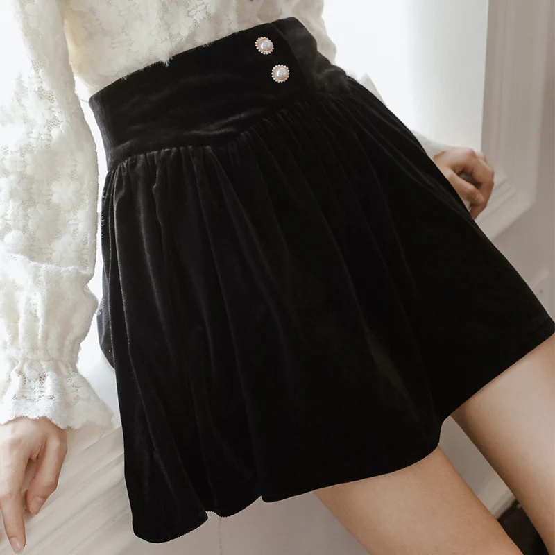 Velvet Umbrella Skirt Women s Skirt 2022 Spring and Autumn New Small Black Retro High Waist