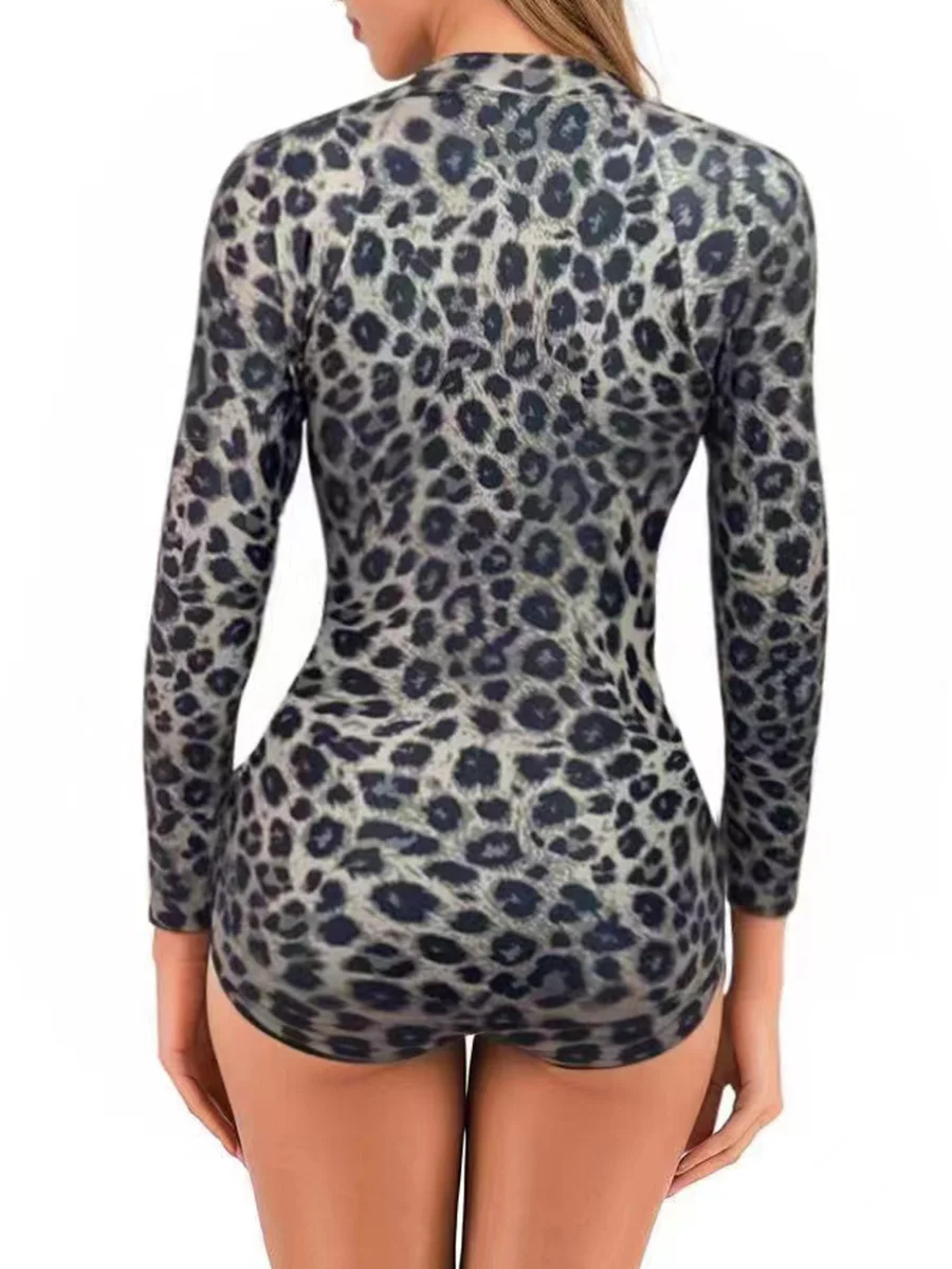 Leopard Long Sleeve Surfing Swimsuit Zipper Women Swimwear Female Bathers Bathing Swimming Swim Suit Beachwear