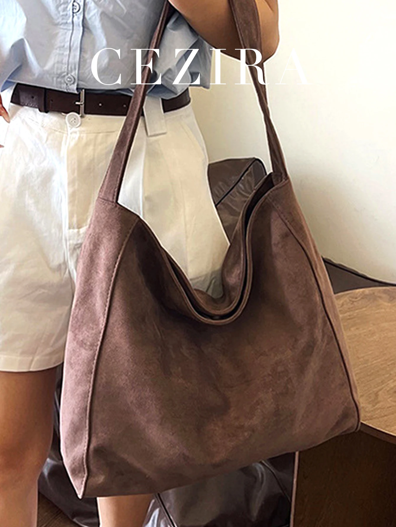 Borsa a tracolla hobo di grande capacità con magnete in morbido tessuto scamosciato sintetico color Maillard casual slouchy per le donne, lo shopping - immagine 4