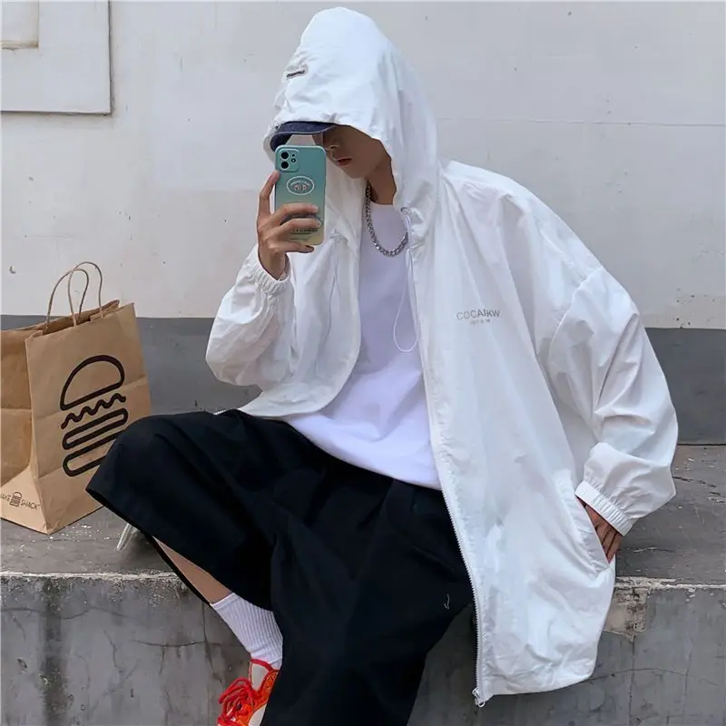 Summer Thin Sun Protection Hooded Men Jackets Breathable Coats Casual Streetwear Ins Trendy Loose Soft Men's Oversize Jackets