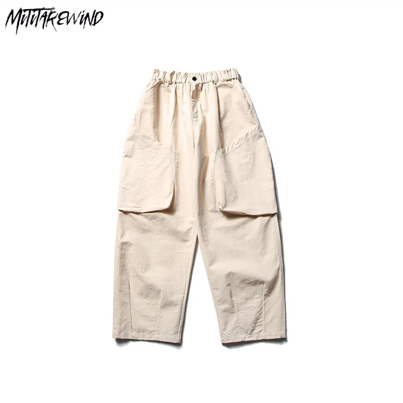 

Japanese Solid Casual Pants Men Elastic Waist Fashion Cotton Solid Straight Wide Leg Loose Streetwear Pocket Male New Trousers