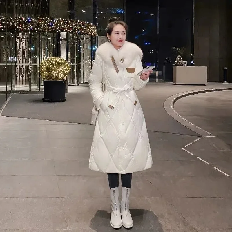 Cotton-padded Jacket Women With Big Fur Collar and Down Winter 2024 New High-quality Waist Long Knee-length Cotton-padded Coat