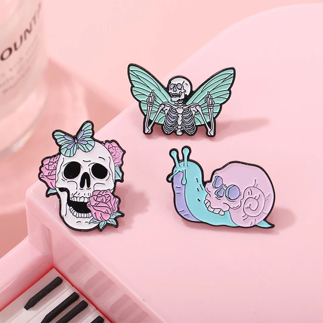 Pink Gothic Punk Enamel Pins Skeleton Butterfly Brooch Lapel